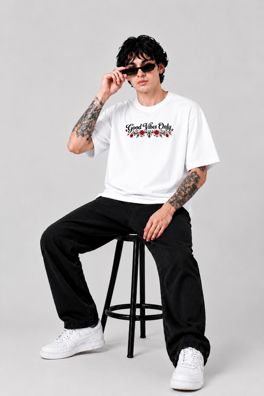 “Good Vibes Only” Floral Back Print Oversized Tee